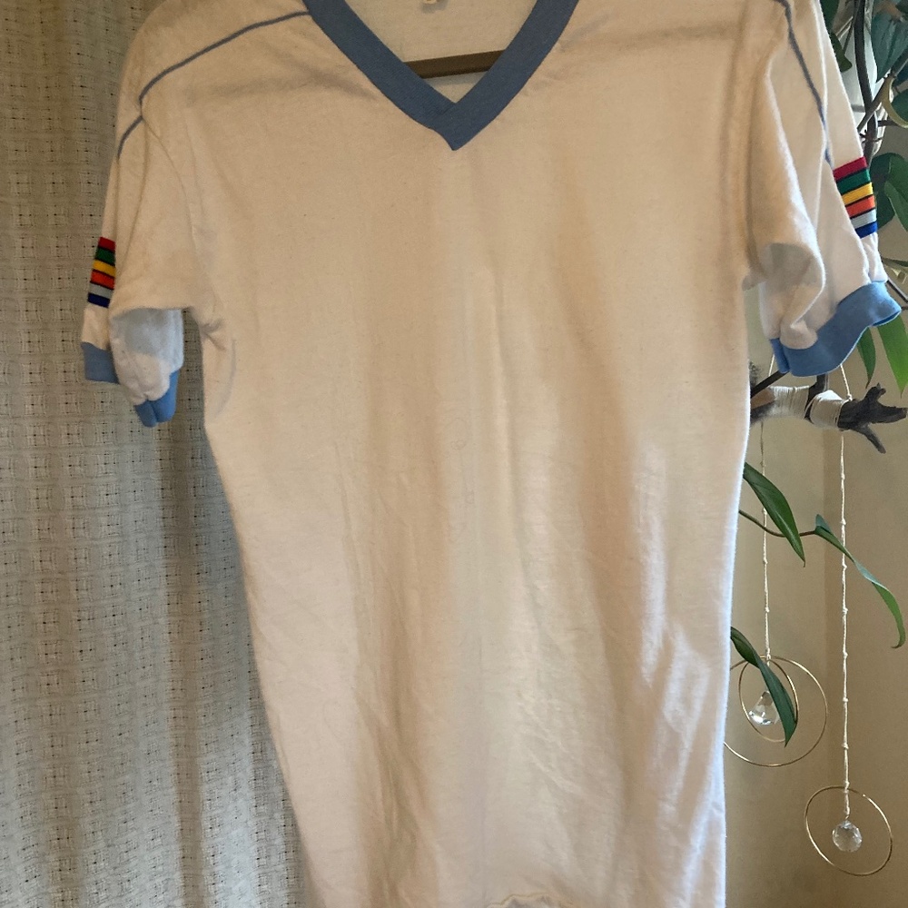 Vintage White V-neck with Rainbow accents